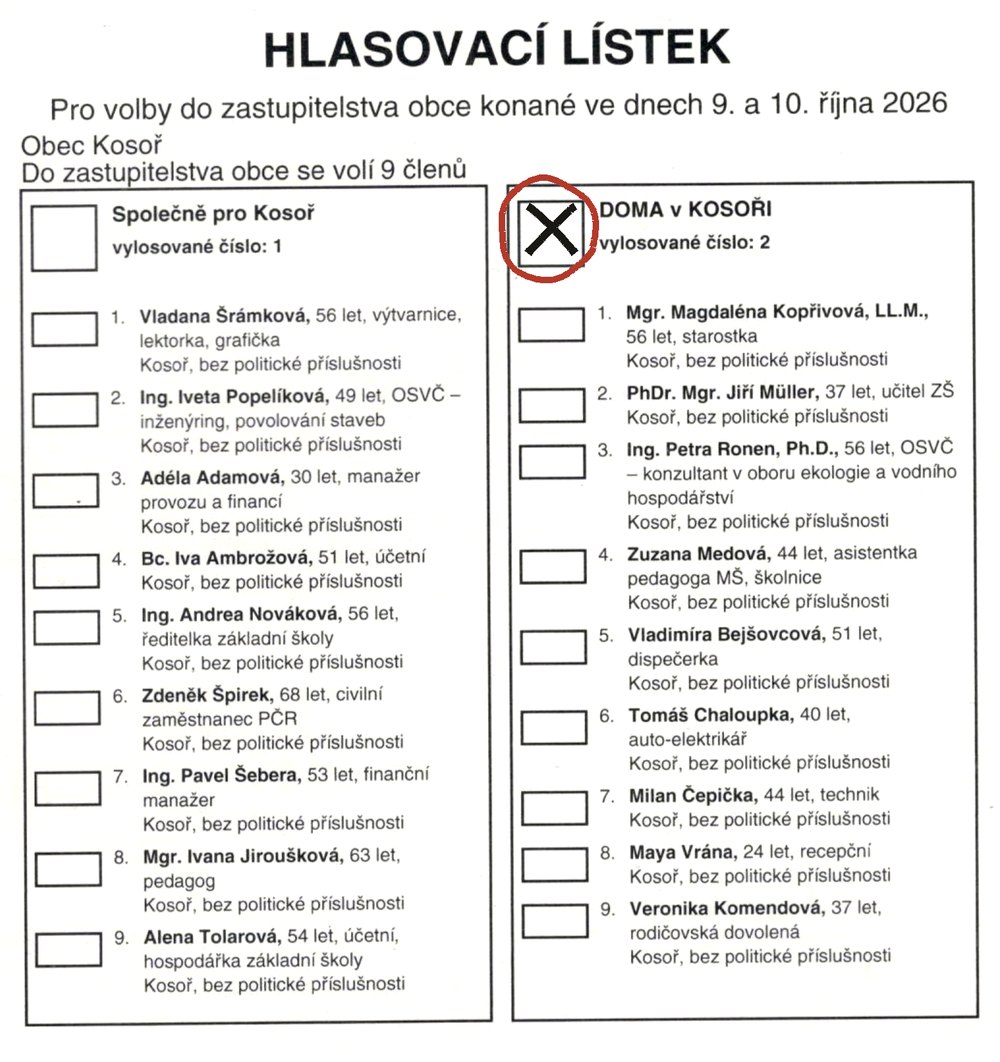 Hlasovací lístek s křížkem u kandidátky DOMA v KOSOŘI vpravo